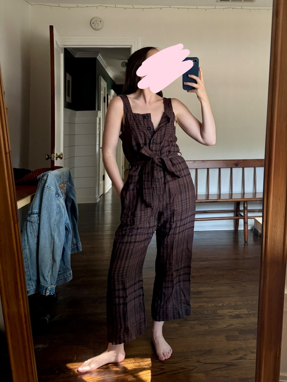Everlane Brown Plaid Tie-Waist Sleeveless Jumpsuit